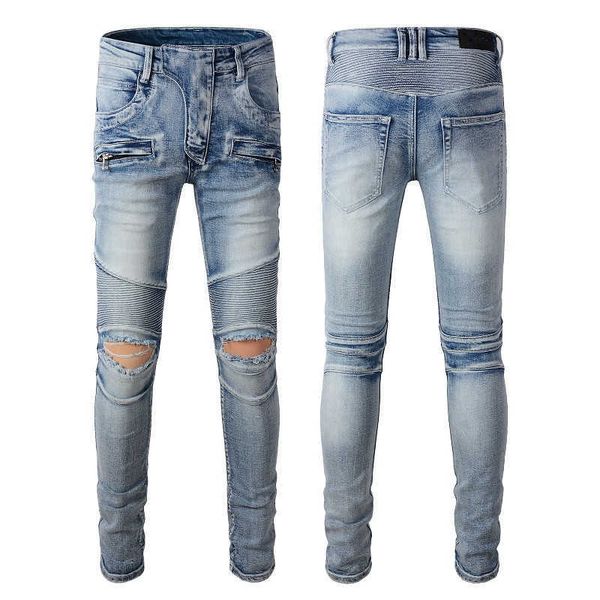 Amari and Men Designer-Jeans, große, hohe Hosen, Loch-Denim für Herren, Skinny, Rock, Biker, Slim-Fit, blau, Hip-Hop, Herren-Schnalle, langer, gerader Reißverschluss