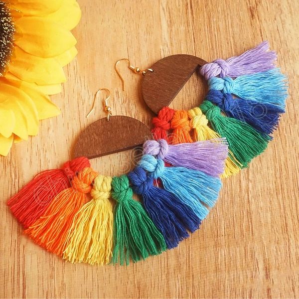 Rainbow Macrame Tassel Brincos Dangle For Women Mulheres Mersas de algodão de madeira Fringe Brincos de joias boêmios