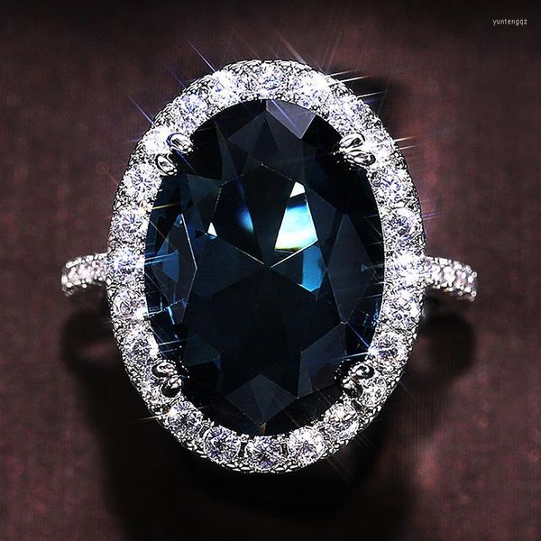 Fedi nuziali di lusso alla moda placcato argento ovale per le donne blu scuro CZ intarsio in pietra gioielli di moda elegante anello regalo per feste da donna