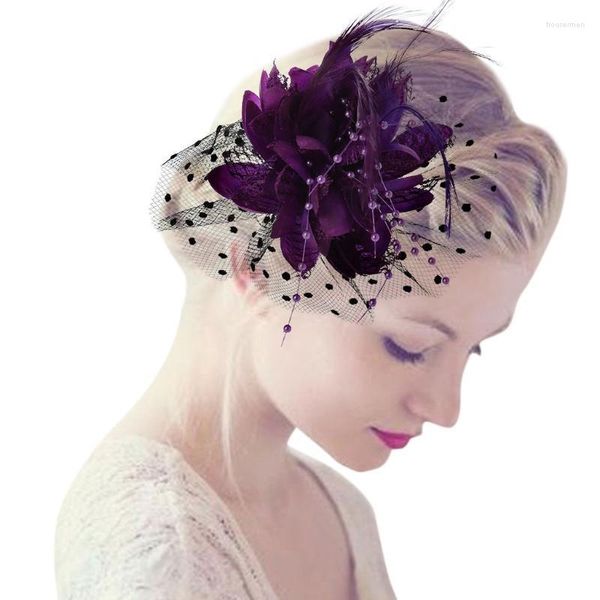 Kopfbedeckungen für Damen, Brautschmuck, Netz-Bowknot, Feder-Fascinator, Haarspange, Nachahmung von Perlen, Perlen, Tanz, Hochzeit, Party, Blumen-Haarnadel, Brosche