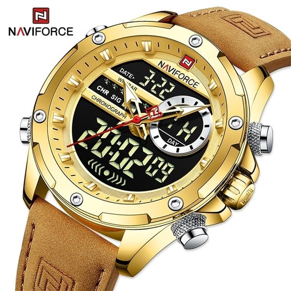 Armbanduhren NAVIFORCE Luxus Gold Uhren für Männer Casual Sport Chronograph Alarm Quarz Armbanduhr Leder Wasserdichte Digitaluhr 9163 221010