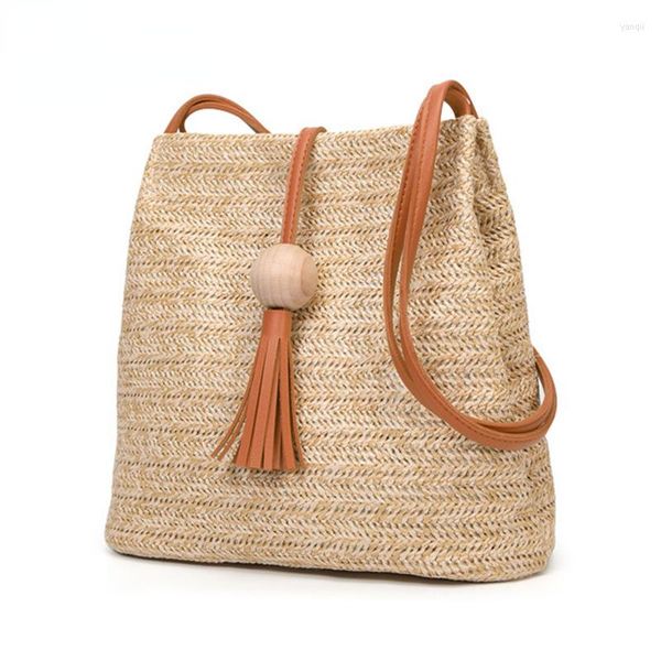 Abendtaschen Bohemian Beach Casual Tote Bag Damen Stroh Rattan Handgewebte Umhängetasche Eimer Holzkugel Fransen Schulter