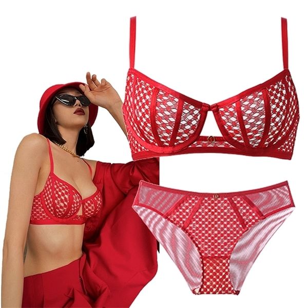 BH-Sets, aushöhlen, Spitzen-BH und Höschen, ultradünn, ohne Schwamm, Bügel, Push-up-Damen-Dessous, Siere Red Sexy Unterwäsche-Set 221010