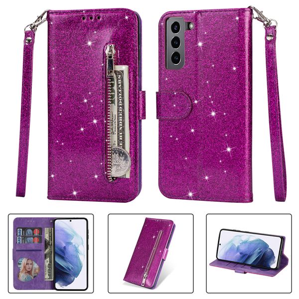 Sparkle Rope Flip Zipper Phone Cases for Samsung Galaxy S22 Ultra S21 Plus S20 S21FE S20FE Note20 Note10 Pro A13 A33 5G A53 A73 A82 Shiny 3 Card Slots Wallet Chain Shell