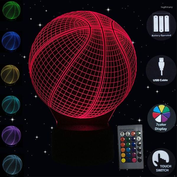 Lâmpadas de mesa 3d Night Light Basketball LED Ilusão Touch Remoto 7 Color Changetable Lamp Bedroom Nightlight Birthday Gift para meninos homens