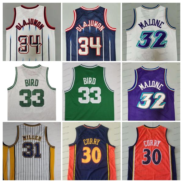 Maglia da basket retrò 34 Hakeem Curry Olajuwon 33 Larry 32 Karl Bird 31 Reggie 30 Stephen Malone Maglia da basket da uomo Maglia vintage cucita