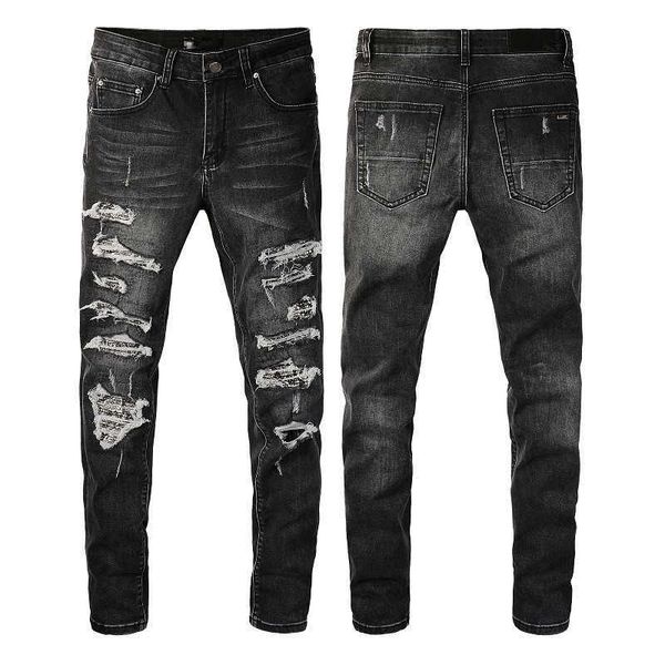 Jeans firmati da uomo Biker Pantaloni da uomo Slim Stretch Skinny Distressed Moto Patch Denim Fit con fori Hip Hop Streetwear Gamba dritta