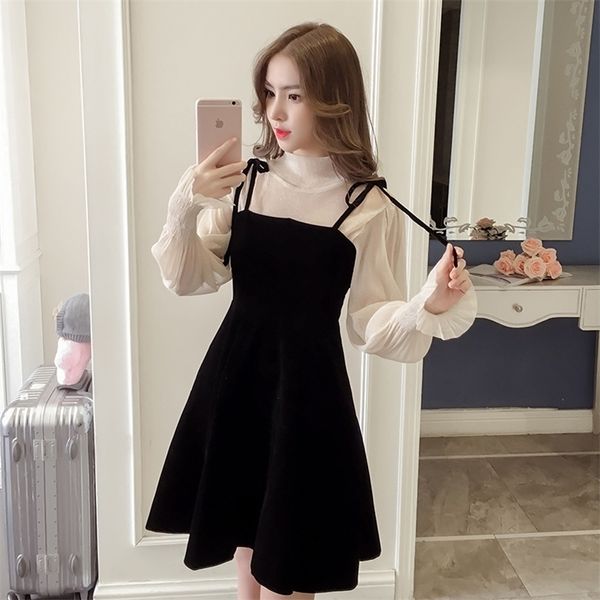 Zweiteiliges Kleid Frühling Elegant für Frauen Winter Koreanisch A-Linie O-Ausschnitt Tops und schwarzes Sommerkleid Streetwear Vestidos 221010