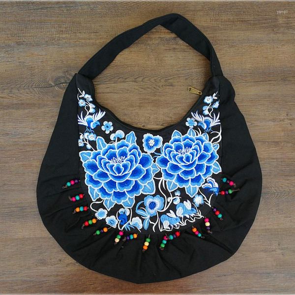 Bolsas de noite Bohemian bordou lagre mulheres pretas na lona preta ombro de miçangas