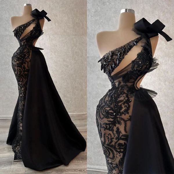 Imagem real Glamourosa Prom bling lantejas de miçangas vestidos de noite um ombro com mangas de renda de renda de cetim de cetim de comprimento completo feito personalizado