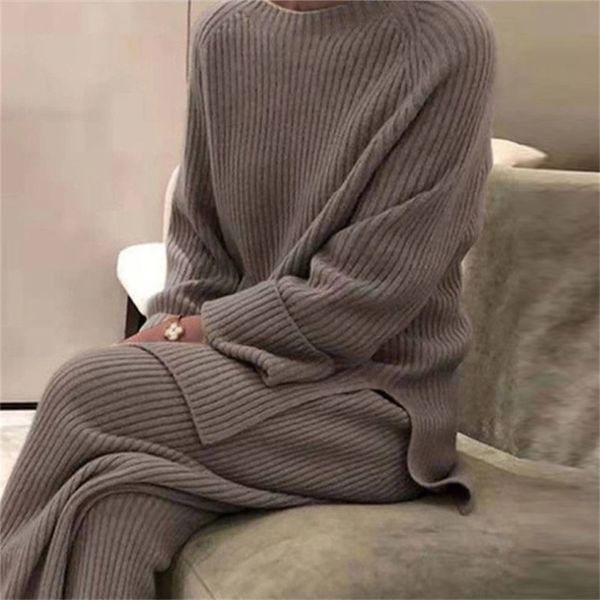 Zweiteiliges Kleid, gestrickter Pullover-Anzug für Damen, elegant, solide O-Neck-Pullover, Hosenanzug mit weitem Bein, Damen-Herbst-Winter-weiches 2-teiliges Set Homewear 221010