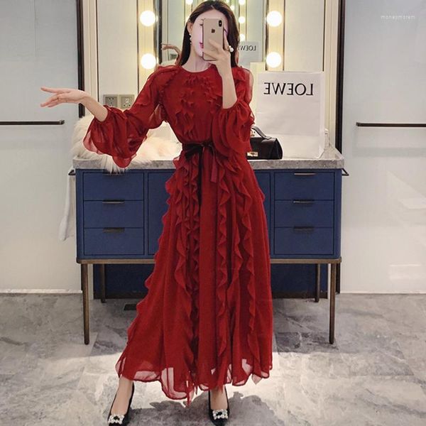 Abiti casual 2022 Vintage Wine Red Ruffles Dress Donna manica lunga cintura a vita alta con fiocco increspato pista femminile elegante abiti da festa