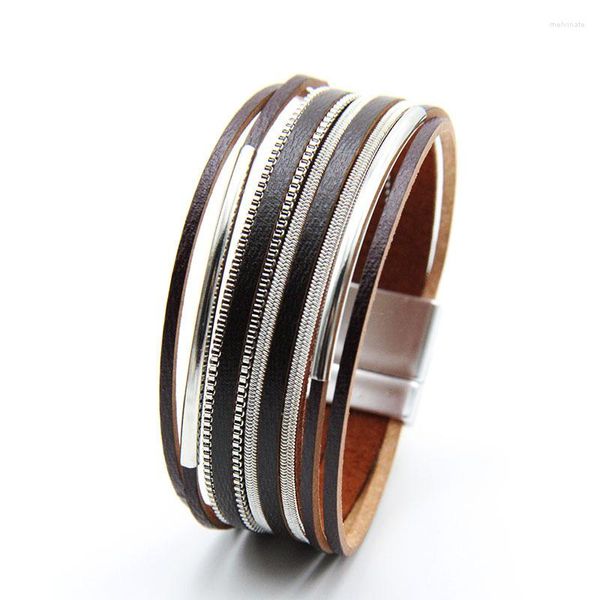 Bracelets de link Multi-camada de couro com corda de couro feminino pulseira de pulseira simples para o tubo de cobre de mão correspondente Acessórios de jóias