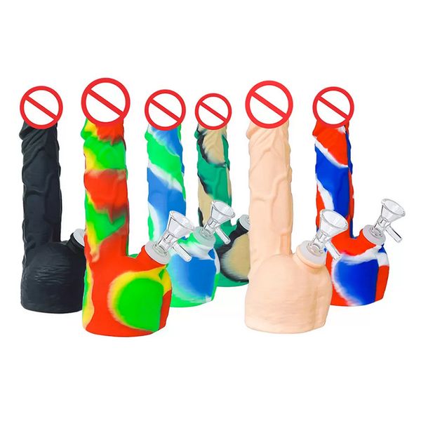 Tubo in silicone per pene maschile da 8 pollici Narghilè bong per acqua con ciotola in vetro spazio downstem per fumare Dab Rigs Unbreakable Oil Rig Bong