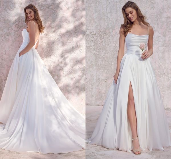 Abiti da sposa bianchi con abiti da sposa tascabili Cinghie di raso morbide Pieghe a trapezio Scollo a V Bottoni a fessura senza schienale 2023 Robe de Mariee