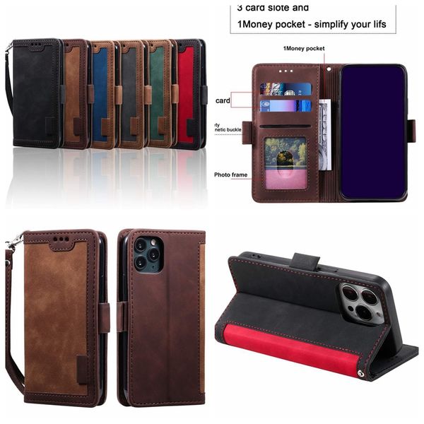 Hybrid-Leder-Geldbörsenhüllen für iPhone 15 14 Pro Max 13 12 Mini 11 XR XS MAX X 8 7 6 Business Contrast Hit Credit ID Card Slot Holder Flip Cover Herrentasche mit Riemen