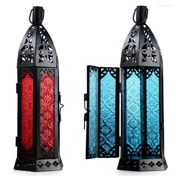 Vintage-Kerzenhalter aus Glas und Eisen, marokkanischer Delight-Garten-Kerzenhalter, Tisch-LED-Hängelaterne, ideal für Zuhause, Hochzeit, Party