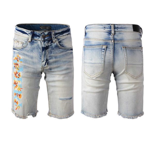 Kurze Amari-Jeans, zerrissenes Denim, schmale Designer-Hose für Jugendliche, Shorts, gerader Jogger, Reißverschluss, Herren-Jeans mit Blumenmuster, Little Blue Distress Destroyed