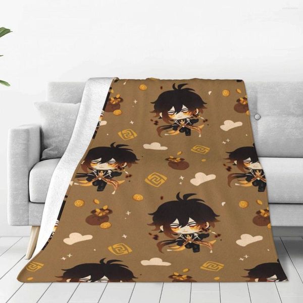 Cobertores Genshin Impacto Zhongli Sofá cobertor Tampa de veludo de inverno colagem de anime Lunda leve para colchas de quarto de casa