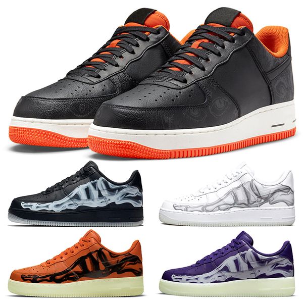 Sapatos Casuais 1 Low Skeleton Masculino Feminino Halloween Preto Branco Brilhante Laranja Quadrado Roxo Tênis Masculino Esportivo Tamanho 36-45