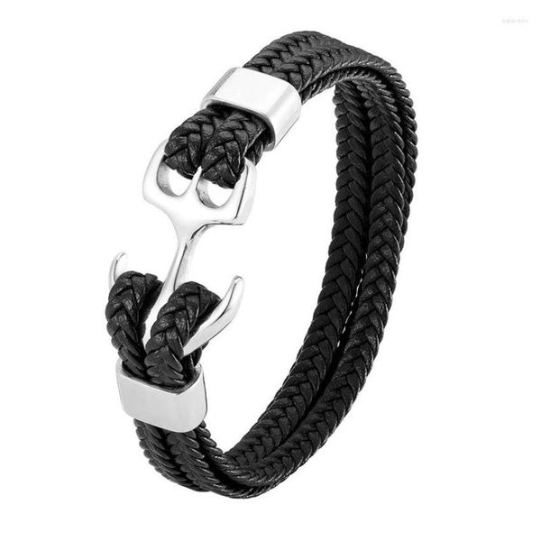 Braccialetti con ciondoli Bracciale da uomo in acciaio inossidabile di moda Ancora in titanio intrecciato in pelle multistrato