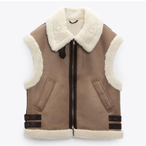 Gilet da donna Moda donna Spessa calda Lana d'agnello Gilet in similpelle Cappotto Vintage Tasche senza maniche Gilet femminile Chic Top 221010