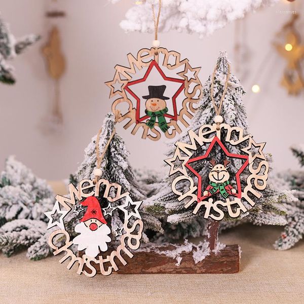 Decorações de Natal Cartoon Doll Doll Wooden Rattan Ring Tree Decoration letra pintada à mão