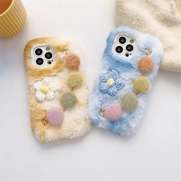 Korean Flower Plush Wrist strap Cases For iPhone 14Plus 11 12 13 14 Pro Max XR X XSMax Soft Furry Protect Cover