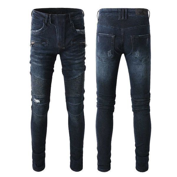 Amari Skinny Mens Jeans Rip Designer Denim Biker Hip Hop Dark Blue Distress Moda Relaxado Fit Regular Slim Straight Leg Stretchy Trendy