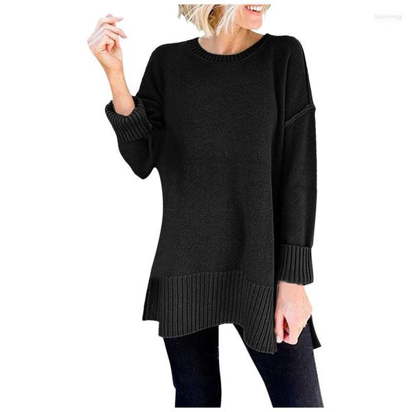 Maglioni da donna O-Collo da donna Maglione lungo nero Manicotto con spacco laterale Allentato Casual Autunno Inverno Pullover lavorato a maglia Maglione Tunica Top Pull