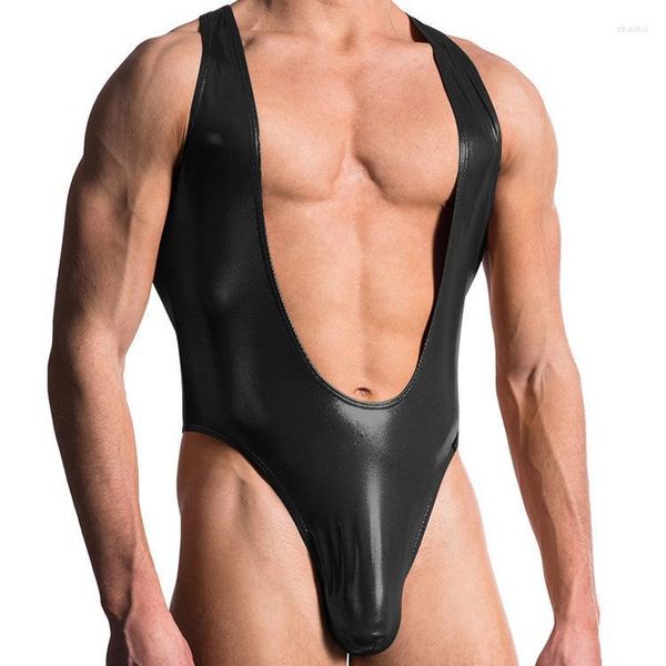 Erkekler Vücut Shapers Erkekler Takım Seksi iç çamaşırı sahte deri lateks bodysuit eşcinsel iç çamaşırı sahne dans kıyafeti korseler erkekler tulum striptizci pvc