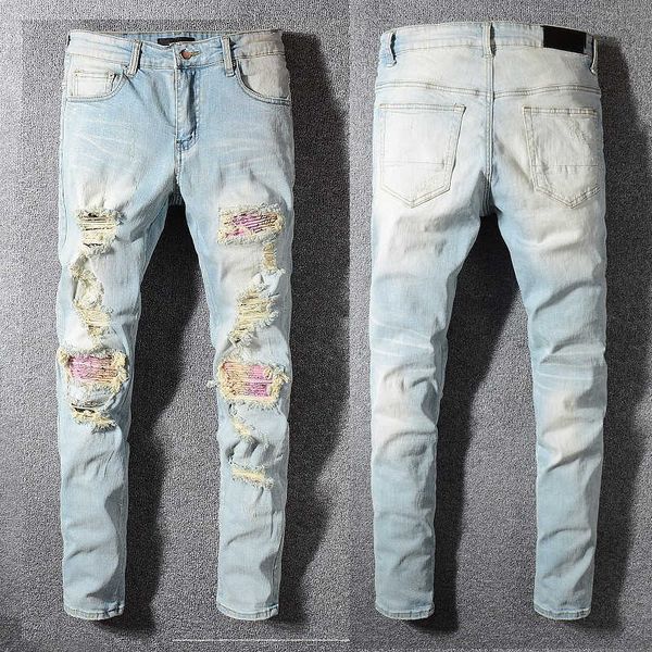 Jeans firmati da uomo skinny slim fit azzurro Kee denim strappato motociclista in difficoltà con foro toppe rosse affusolato dritto ammorbidente Cult