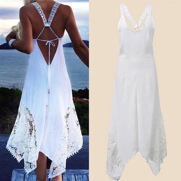 Lässige Kleider, Strand, Boho-Stil, Sommer, rückenfrei, Neckholder, Weiß, Schwarz, V-Ausschnitt, ärmelloses Kleid, Sommerkleid, Damen, lang