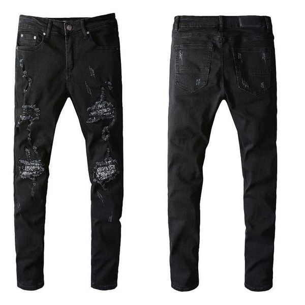 Amari Man Jeans Preto para Big Denim Mens Skinny Biker Slim Joelho Rasgado Rock Angustiado Regular Motocicleta Patchwork Fit Street Trendy Long