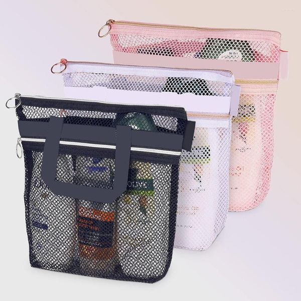 Bolsas de cosméticos Bolsa de higiene pessoal Bolsa de bolsa portátil de chuveiro transparente de malha de areia de areia feminina