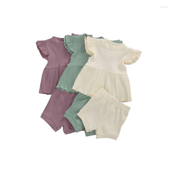 Наборы одежды 2022 Baby Summer Girls Girls 2pcs наряд без рукавов Рулловые вязаные лоскутные шорты с полосатыми ремешками