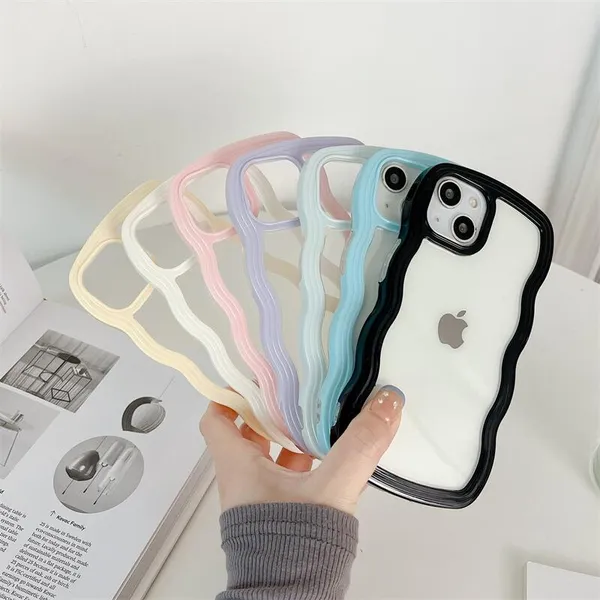 Bonito transparente onda encaracolado casos de telefone para iphone 15 14 13 12 11 pro max x xr xs max híbrido doces à prova de choque claro duro capa para pc