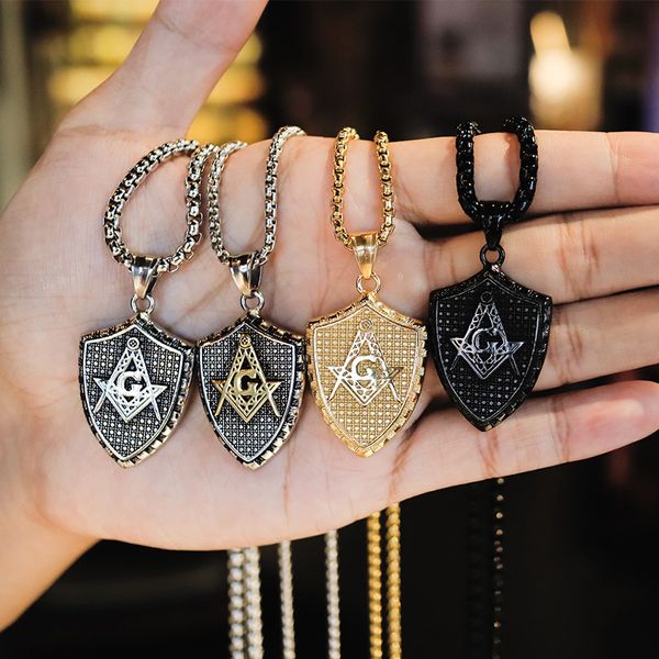 Schildform Freimaurer Freimaurer Siegelkette Anhänger AG Emblem Silber Gold Schwarz Punk Freimaurer Hip Hop Charm Halskette Schmuck Herren Edelstahl hochglanzpoliert