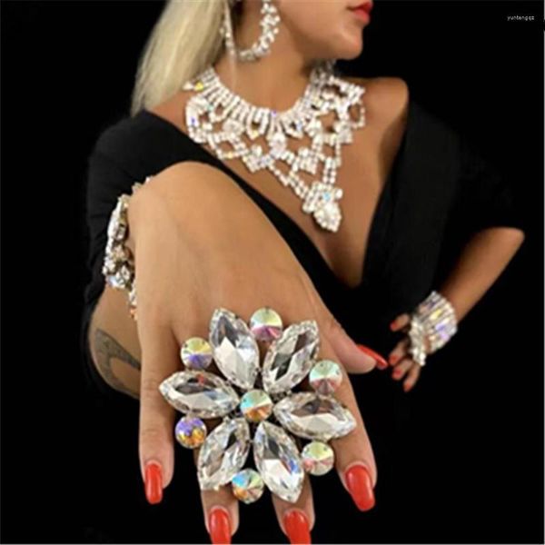 Fedi nuziali Sunny Anello strass acrilico fiore polsino anello per dito gioielli per le donne accessori aperti robusti di cristallo di lusso