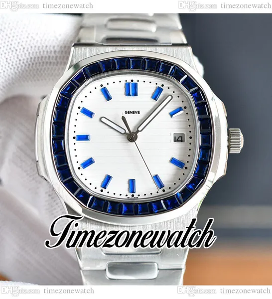 40 mm 5711 Automatik-Herrenuhr, weißes Textur-Zifferblatt, rechteckige blaue Edelstein-Lünette, Diamant-Lünette, Edelstahl-Armband, Sportuhren, Zeitzonenuhr E234C4