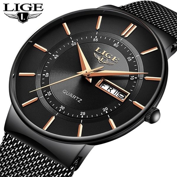 Нарученные часы мужские часы часы Lige Top Brand Luxury Водонепроницаемые Ультра -Thin Date Clock Мужские стальные ремешки Стальные ремешки.