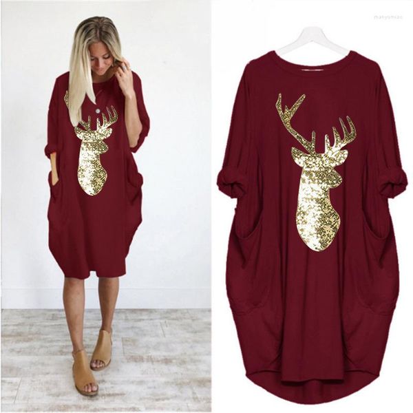 Casual Kleider Rot Santa Claus Drucken Weihnachten Kleid Frauen 2022 Langarm Elegante Party Lose Robe Femme Plus Größe Kleidung