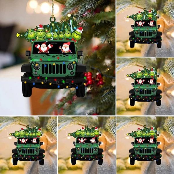 Natale Acrilico Stampa fronte-retro Green Elf Car Xmas Tree Hanging Ornaments 2022 Car Decor Pendenti