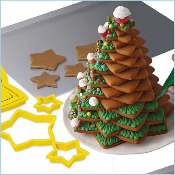 Altro Bakeware Bakeware 6 pezzi / set Stampo per biscotti per albero di Natale Stampo per torta a forma di stella a cinque punte Strumento di decorazione 3D Cottura a goccia Delive Dhrwe