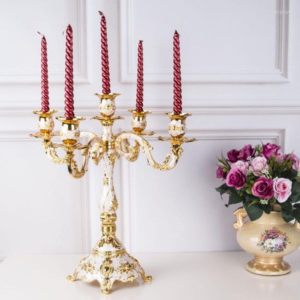 Portacandele Portacandele Romantico Candelabro a 5 bracci placcato oro Centrotavola per matrimoni per tavoli Candeliere Decorazioni per feste di Natale