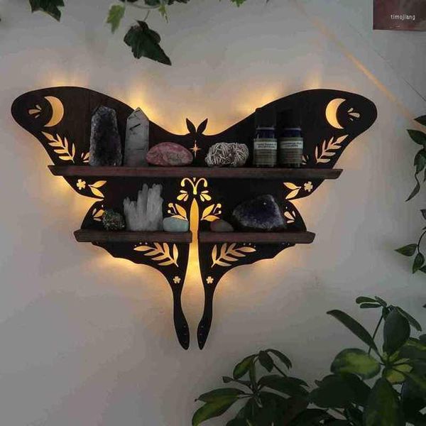 Ganchos Butterfly madeira prateleira lâmpada de trapaça cristal retro montado na parede LED Decoração Organizador de armazenamento Rack de decoração da sala de estar