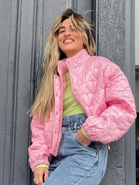 Damen Daunenparka Herbst Winter Mode Stehkragen Reißverschluss Rosa Steppjacken Parkas für Frauen 2022 Casual Langarm Baumwollmäntel Streetwear T221011