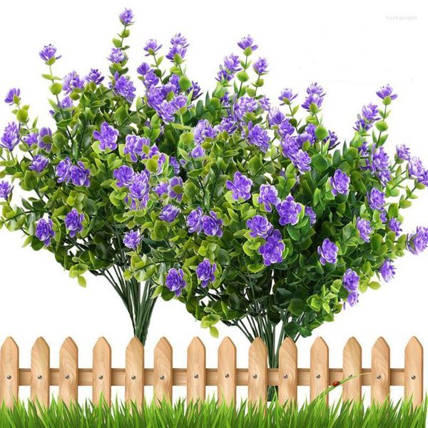 Fiori decorativi 4 pezzi Piante finte Arbusti verdi artificiali Rami di eucalipto con fiori viola Respiro del bambino Cespugli di plastica Casa