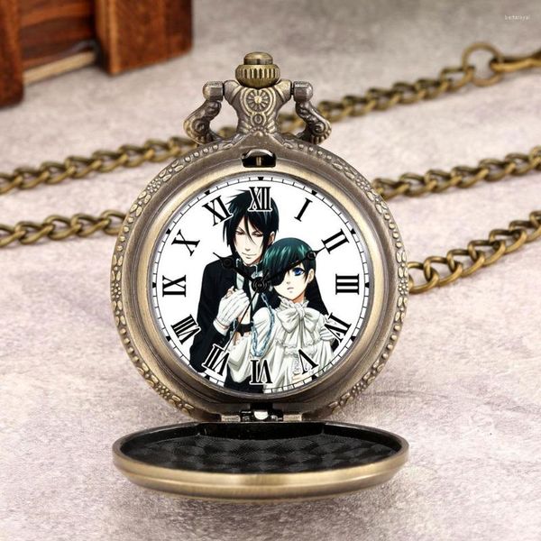 Карманные часы японская аниме черная тема тематической темы Brass Watch Quartz Man Roman Dial