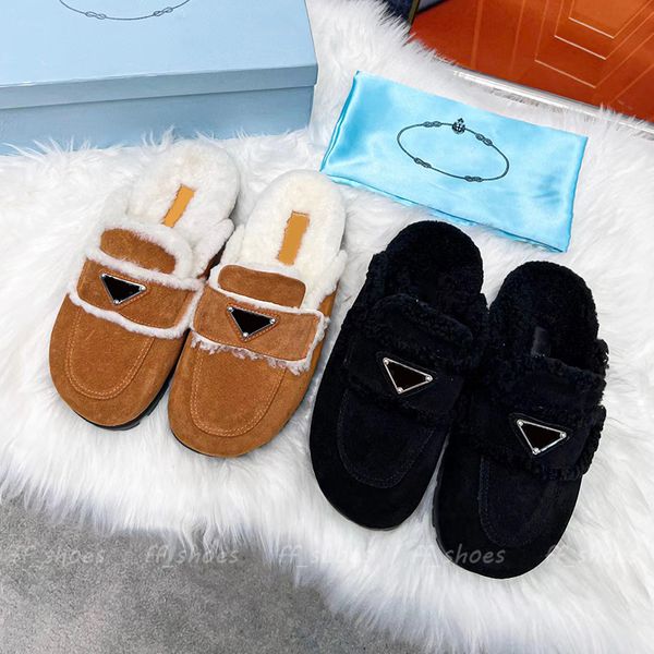 Designers Luxos Mulheres Chinelos Slides Sapatos Casuais Moda Outono e Inverno Sapato Baixo Confortável Lambhair Pelúcia Chinelo Slide Preto Caqui Lã